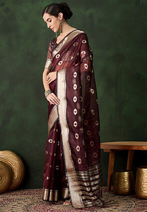 Woven Organza Saree in Maroon
