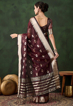 Woven Organza Saree in Maroon