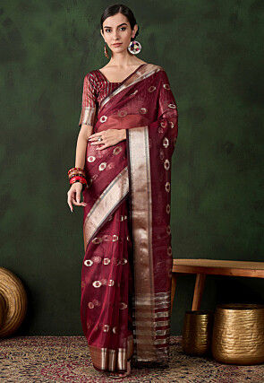 Woven Organza Saree in Maroon