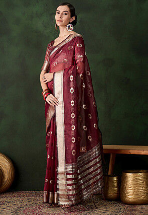 Woven Organza Saree in Maroon