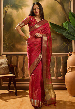 Woven Organza Saree in Maroon