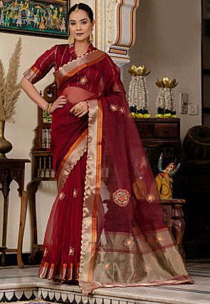 Woven Organza Saree in Maroon