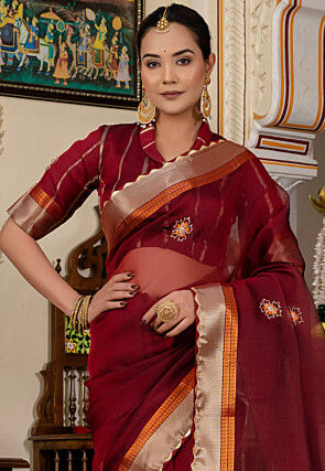 Woven Organza Saree in Maroon