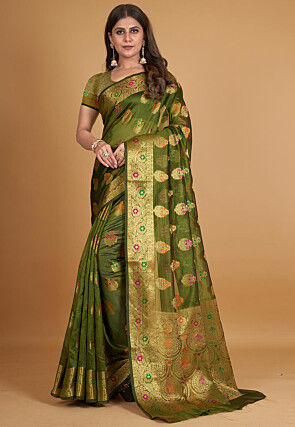Woven Organza Saree in Olive Green