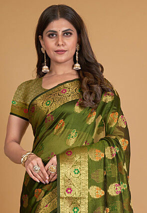 Woven Organza Saree in Olive Green