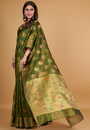 Woven Organza Saree in Olive Green