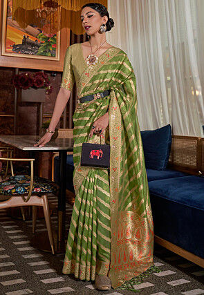 Woven Organza Saree in Olive Green