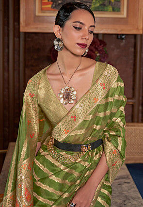 Woven Organza Saree in Olive Green