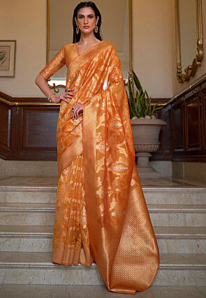Woven Organza Saree in Orange
