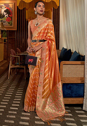 Woven Organza Saree in Orange