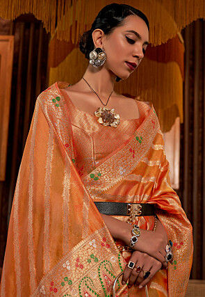 Woven Organza Saree in Orange