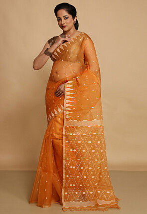 Woven Organza Saree in Orange