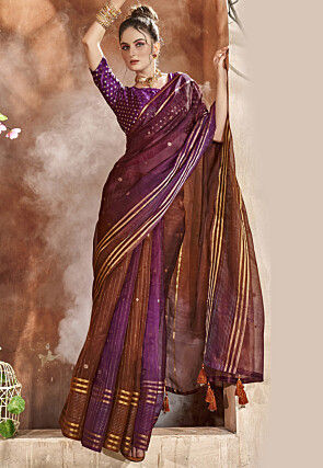 Woven Organza Saree in Purple and Brown