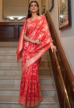 Woven Organza Saree in Red