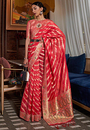 Woven Organza Saree in Red