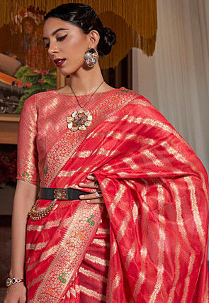 Woven Organza Saree in Red