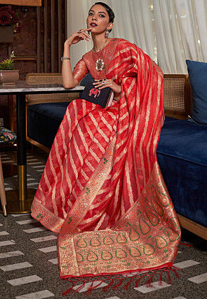 Woven Organza Saree in Red