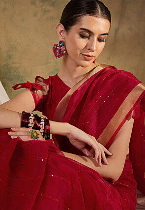 Woven Organza Saree in Red
