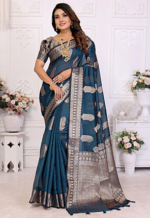 Woven Organza Saree in Teal Blue