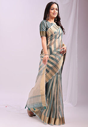 Woven Organza Saree in Teal Blue