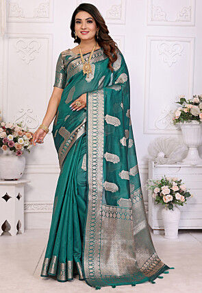 Woven Organza Saree in Teal Green