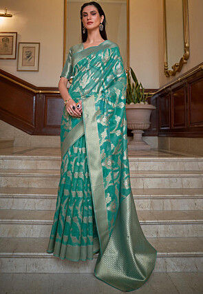 Woven Organza Saree in Turquoise