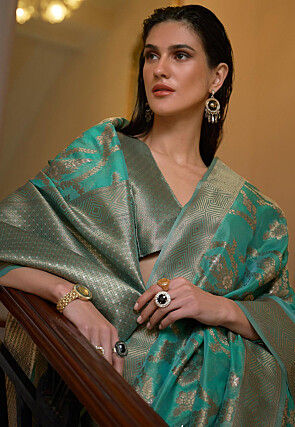 Woven Organza Saree in Turquoise