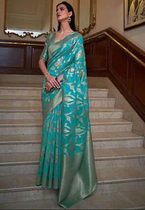 Woven Organza Saree in Turquoise