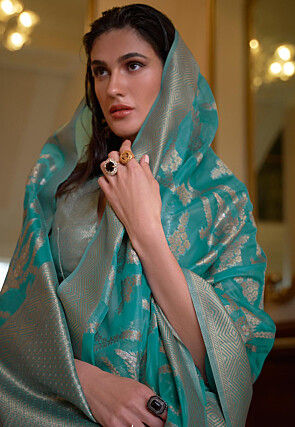 Woven Organza Saree in Turquoise