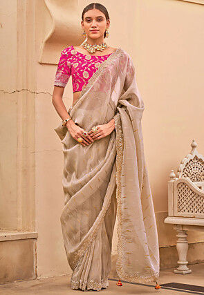 Woven Organza Scalloped Saree in Beige