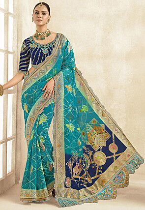 Woven Organza Scalloped Saree in Blue