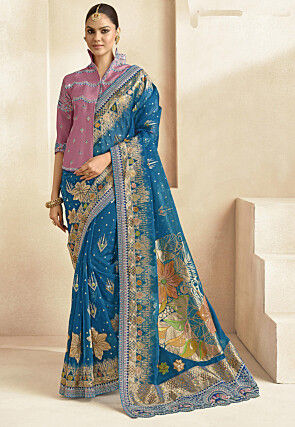 Woven Organza Scalloped Saree in Blue