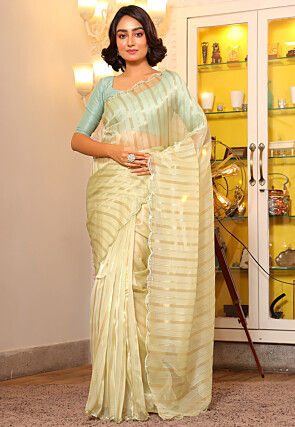 Woven Organza Scalloped Saree in Light Yellow