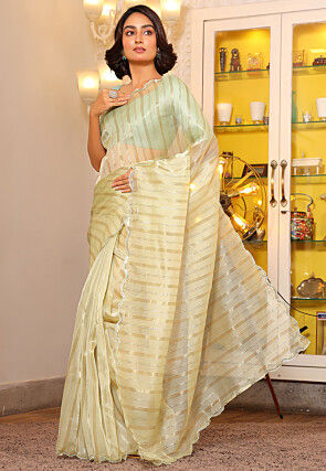 Woven Organza Scalloped Saree in Light Yellow