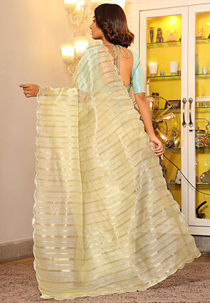 Woven Organza Scalloped Saree in Light Yellow