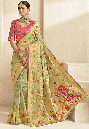 Woven Organza Scalloped Saree in Light Green