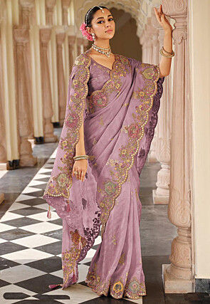 Woven Organza Scalloped Saree in Light Purple