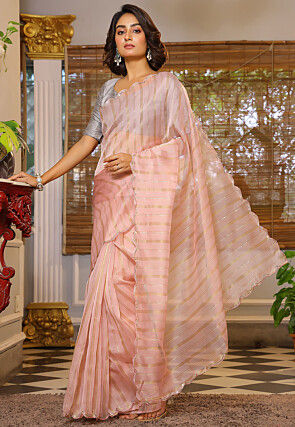 Woven Organza Scalloped Saree in Peach