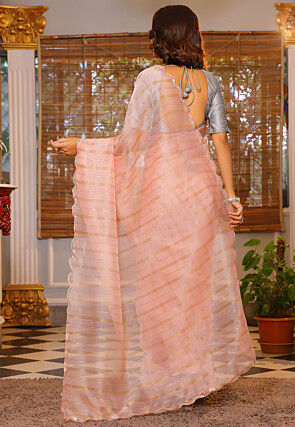 Woven Organza Scalloped Saree in Peach