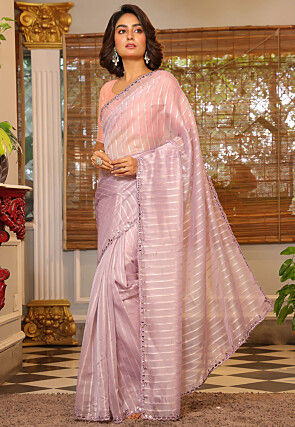 Woven Organza Scalloped Saree in Purple