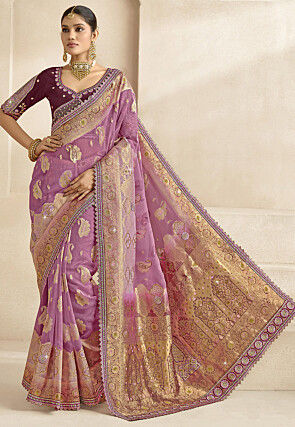Woven Organza Scalloped Saree in Purple