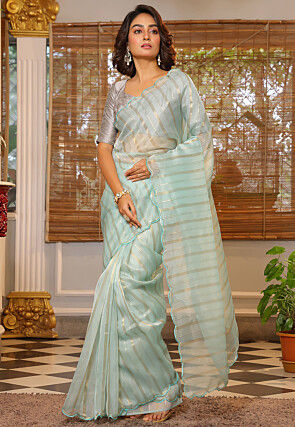 Woven Organza Scalloped Saree in Sky Blue