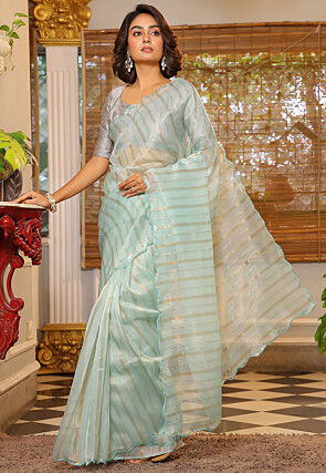 Woven Organza Scalloped Saree in Sky Blue