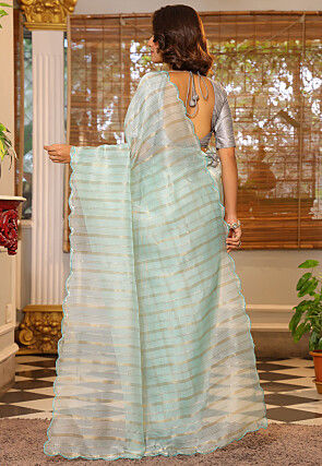 Woven Organza Scalloped Saree in Sky Blue