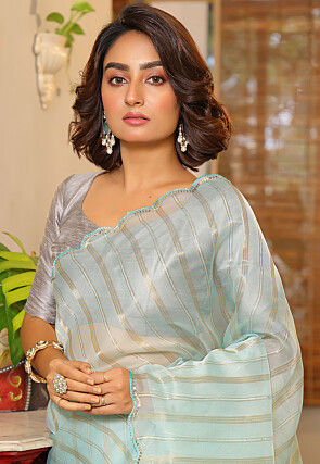 Woven Organza Scalloped Saree in Sky Blue