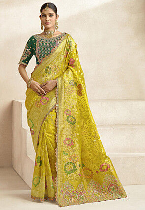 Woven Organza Scalloped Saree in Yellow