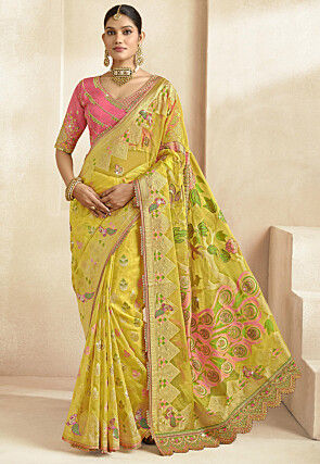 Woven Organza Scalloped Saree in Yellow