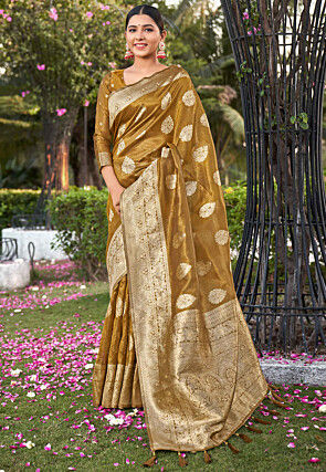 Woven Organza Shimmer Saree in Mustard