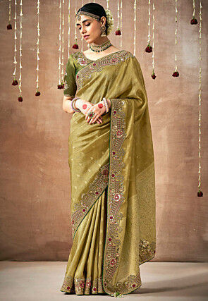 Woven Organza Silk Jacquard Saree in Olive Green