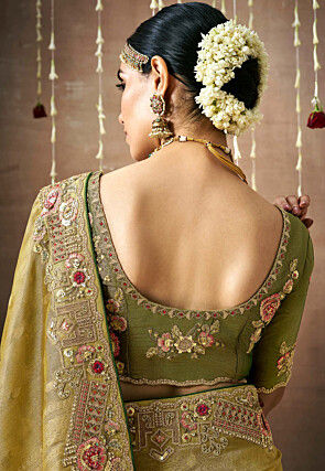 Woven Organza Silk Jacquard Saree in Olive Green